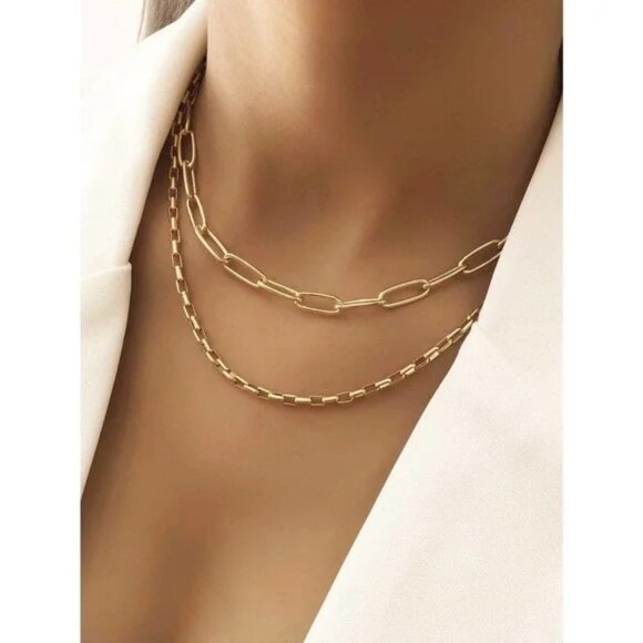 2-Piece Minimalist Chain Necklace Set, Gold - Picture 1 of 4